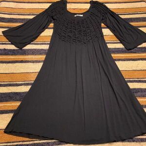 My Tribe Black Dress Rouched Bodice Long Bell Sleeve‎ Witchy Goth Paula Smocked